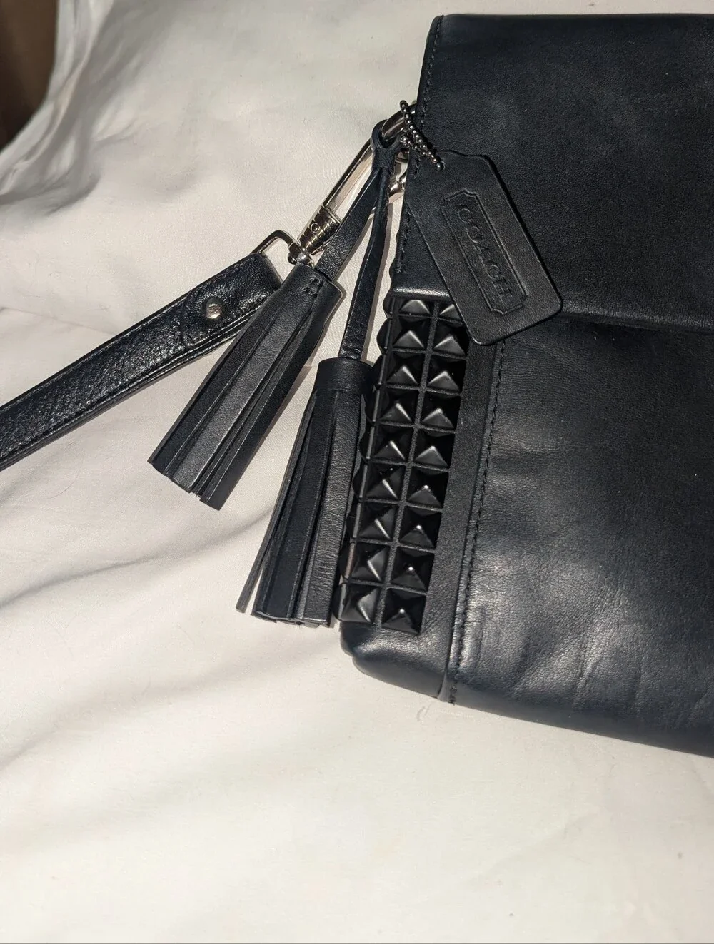 Coach Black Leather Studded Wristlet Clutch with Gunmetal-Tone Lock 26410